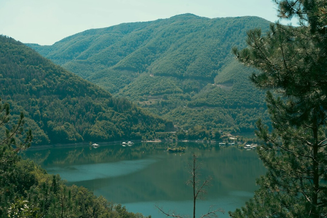 Lake viewpoint with green hills and blue water